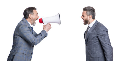 promotion concept. business idea promotion. businessman in suit with megaphone isolated on white. two business man promoter solving promotional conflict. businessman promoting idea for business