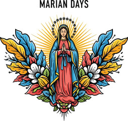 Fototapeta premium Vector art of a serene illustration depicts the virgin mary surrounded by colorful floral elements, representing marian days and celebrating religious faith and spirituality