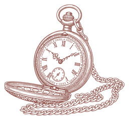 Vintage Hand-Drawn Engraving of an Open Pocket Watch with Chain