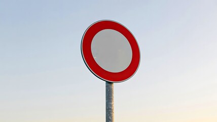 Empty no entry traffic sign with red border on metal pole against blue sky
