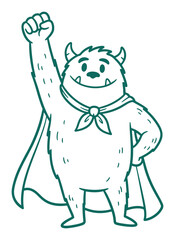 Obraz premium Cartoon Monster Superhero with Cape and Fist Raised