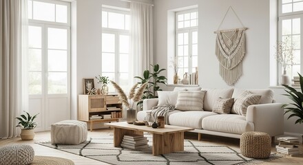 Bright living room with sofa plants wooden furniture and macrame wall hanging.