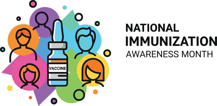 Vector art of national immunization awareness month is promoted with a vaccine and people icons, isolated on white background