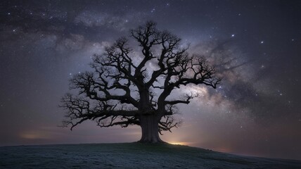 Ancient tree silhouetted against the milky way