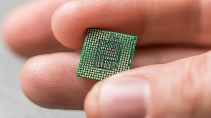 Close-up of a small green circuit board chip held in fingers.