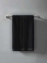 A dark gray hand towel hangs neatly on a modern towel bar against a light gray wall. Simple, clean, and perfect for bathroom or spa settings.