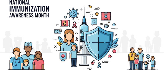 Vector art of a vector illustration for national immunization awareness month, promoting vaccination and health protection, isolated on white background