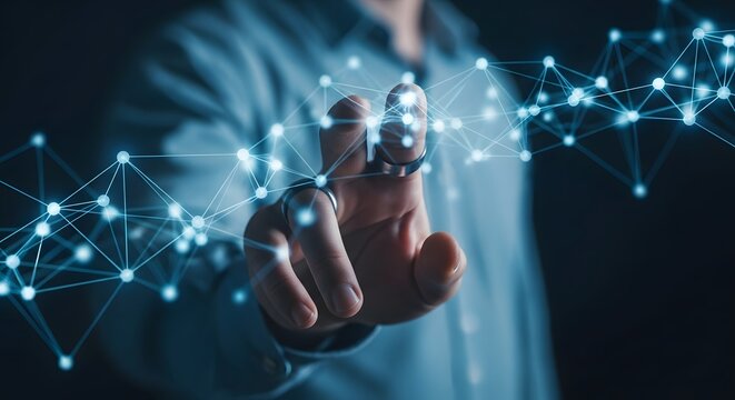 Connecting the future with a digital interface, a hand interacts with a glowing network in a concept of technology and communication.