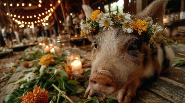 A pig wearing a delicate floral crown rests comfortably on a wooden surface surrounded by candles and flowers. The atmosphere is warm and inviting, filled with friends celebrating together - Powered by Adobe