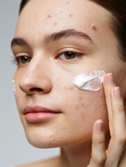 Young Woman Applying Skincare Product on Her Face