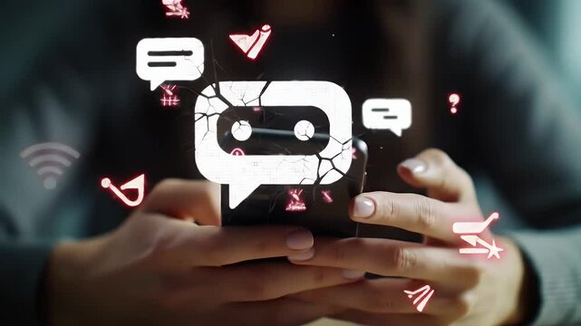 Worried Woman Holding Phone with Broken Robot Alert Warning Cyber Security