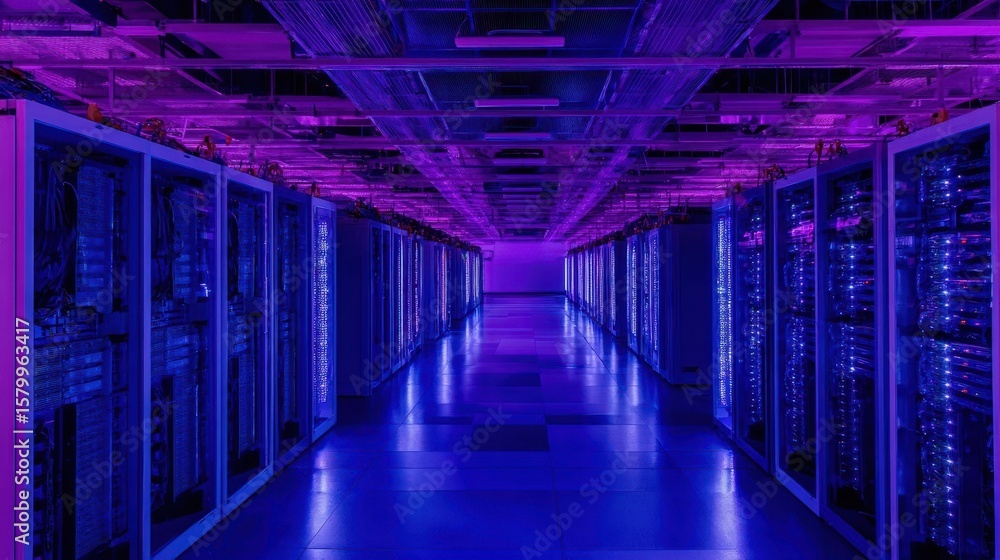 Poster rows of server racks in a data center illuminated with vibrant purple and blue light.