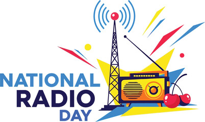 Vector art of celebrate national radio day with a vintage radio and antenna broadcasting waves