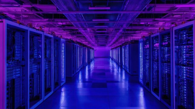 Rows of server racks in a data center illuminated with vibrant purple and blue light.
