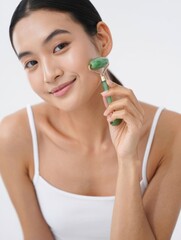 Woman Using Jade Roller for Skincare Routine