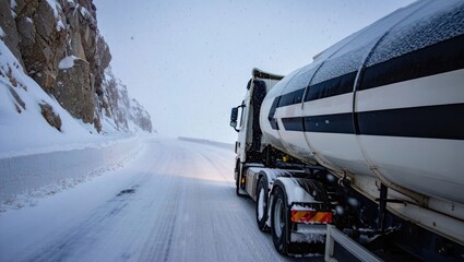 Truck on Snowy Road in Winter Conditions