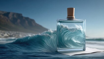 Clear perfume bottle on ocean wave. Mountain backdrop