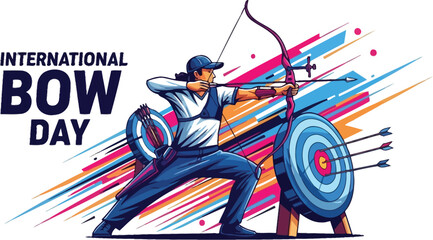 Vector art of an archer is aiming an arrow at a target for international bow day, showcasing the sport of archery on a white background