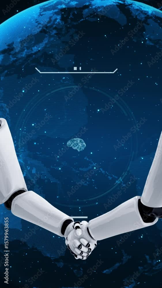 Poster 3d rendering hominoid robot handshake to collaborate future technology development by ai thinking br