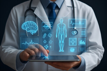 Futuristic Digital Healthcare: Doctor Using AI and Augmented Reality for Patient Diagnosis and Medical Data Visualization.