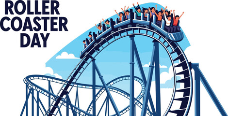 Vector art of a roller coaster with people riding on it is shown to celebrate roller coaster day isolated on white background