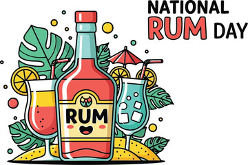 Illustration of national rum day with a bottle and cocktails isolated on white background
