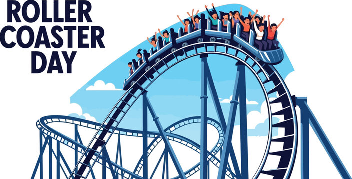 Vector art of a roller coaster with people riding on it is shown to celebrate roller coaster day isolated on white background