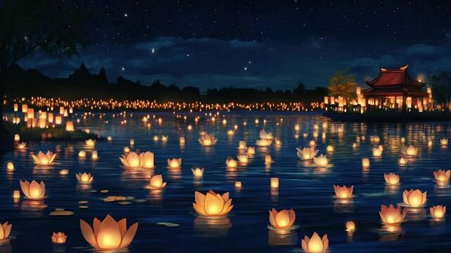 Serene night scene with floating lotus lanterns on a calm lake, illuminated by warm light under a starlit sky near a traditional pavilion