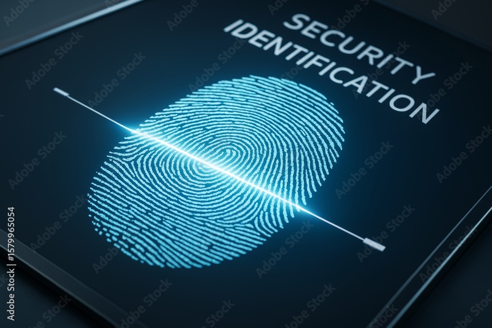 Poster glowing fingerprint scan on digital device surface with security identification text, symbolizing bi