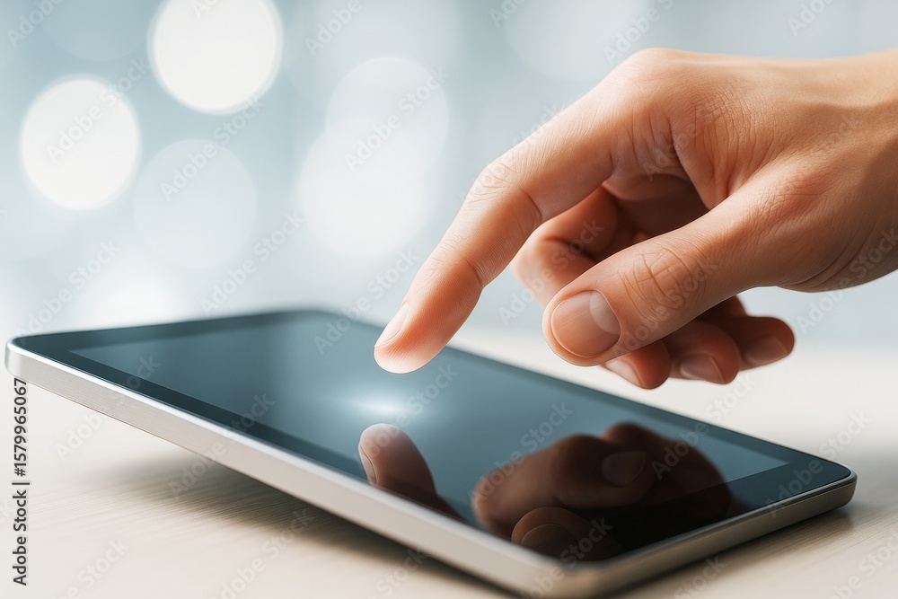 Poster finger touching digital tablet screen with bokeh light background, illustrating technology interacti