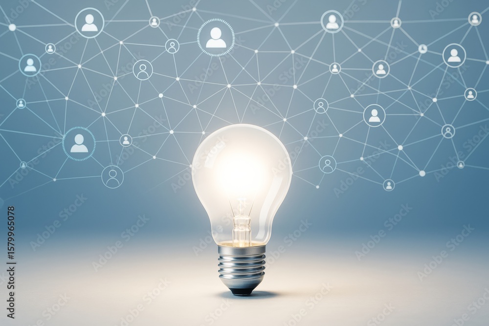 Poster glowing light bulb on gradient background with connected network icons representing creative technol