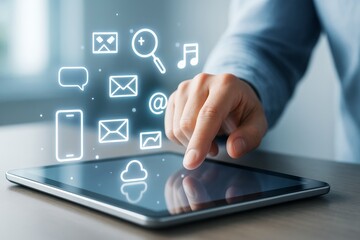 Business hand interacting with digital tablet showing glowing application icons on futuristic interface in technology concept on light background.