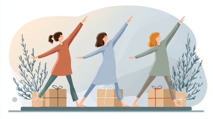 Three women in various poses of yoga on presents.