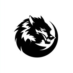 Black wolf head inside dark moon crescent shape, bold graphic design on white
