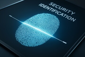 Glowing fingerprint scan on digital device surface with SECURITY IDENTIFICATION text, symbolizing biometric access technology concept.