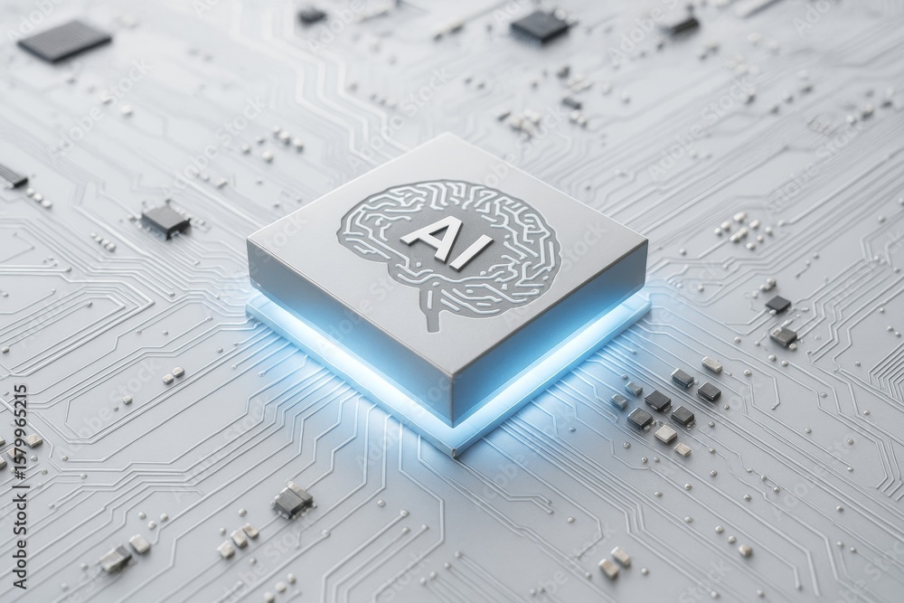 Poster futuristic ai microchip glowing above a digital circuit board showcasing advanced artificial intelli