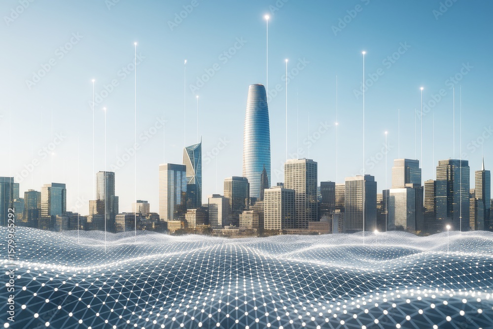 Poster futuristic smart city skyline with digital grid and glowing data connections on technology backgroun