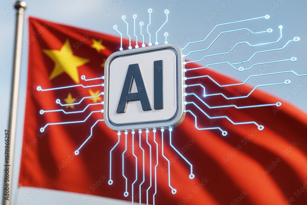 Poster ai technology icon with circuitry lines over national flag background symbolizing artificial intelli