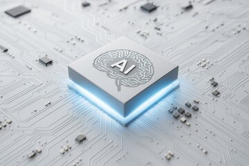 Futuristic AI microchip glowing above a digital circuit board showcasing advanced artificial intelligence technology concept on light background.
