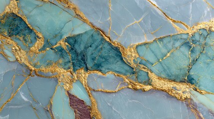Fototapeta premium Abstract close-up of a polished stone surface featuring veins of gold and turquoise.