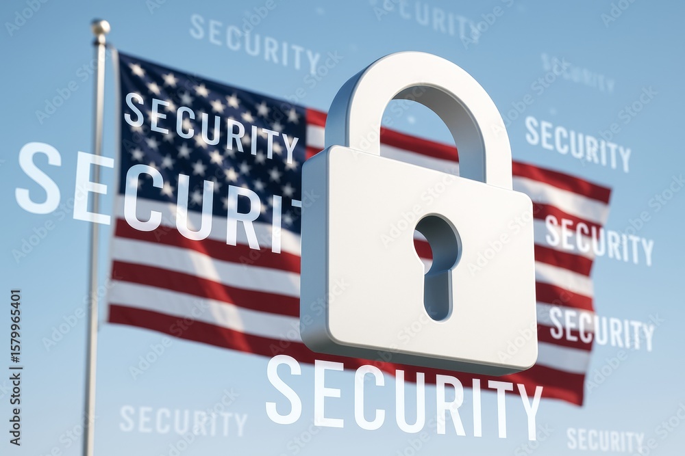 Poster digital security padlock symbol with american flag in background and word 