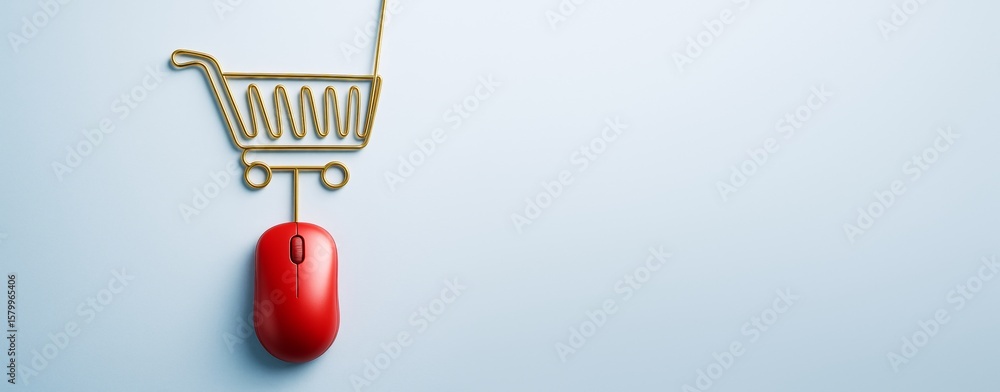 Poster red computer mouse connected to shopping cart symbol on light blue background representing online sh