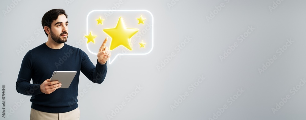 Poster man interacting with glowing star rating icon while holding tablet on clean background for tech prom