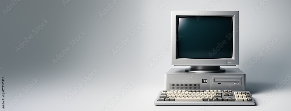 Poster retro computer with crt monitor and keyboard on light gradient background, perfect for technology mo