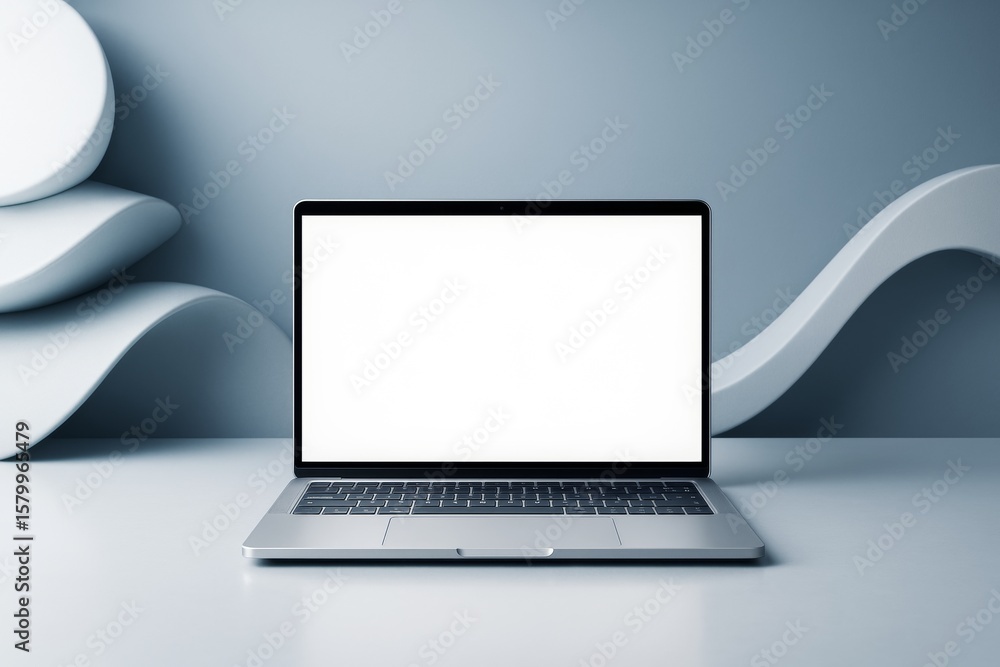 Poster modern laptop with blank white screen on abstract light background with clean curves and minimalist 
