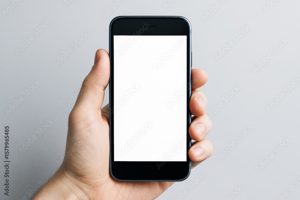 Poster hand holding smartphone with blank screen on light background for app mockup or advertising template