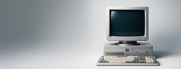 Retro computer with CRT monitor and keyboard on light gradient background, perfect for technology mockup, banner, or business promotion design.