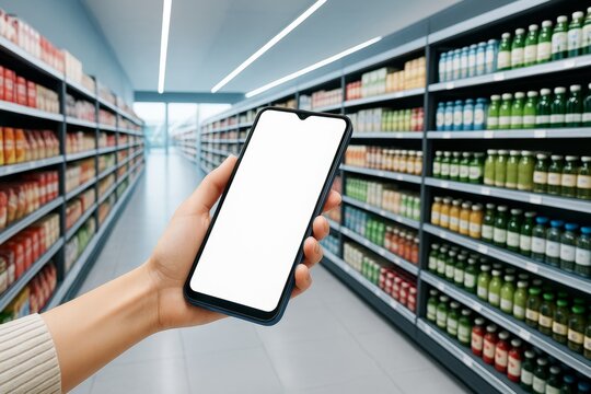 Smartphone with blank screen held in hand inside supermarket aisle with shelves full of colorful products, perfect for advertising or mockup display.