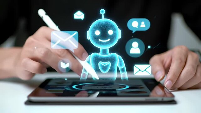 Hands Interact with Cheerful AI Robot on Tablet with Floating Mail Icons on White Desk Providing Automation