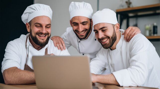 Three chefs collaborate on a laptop.